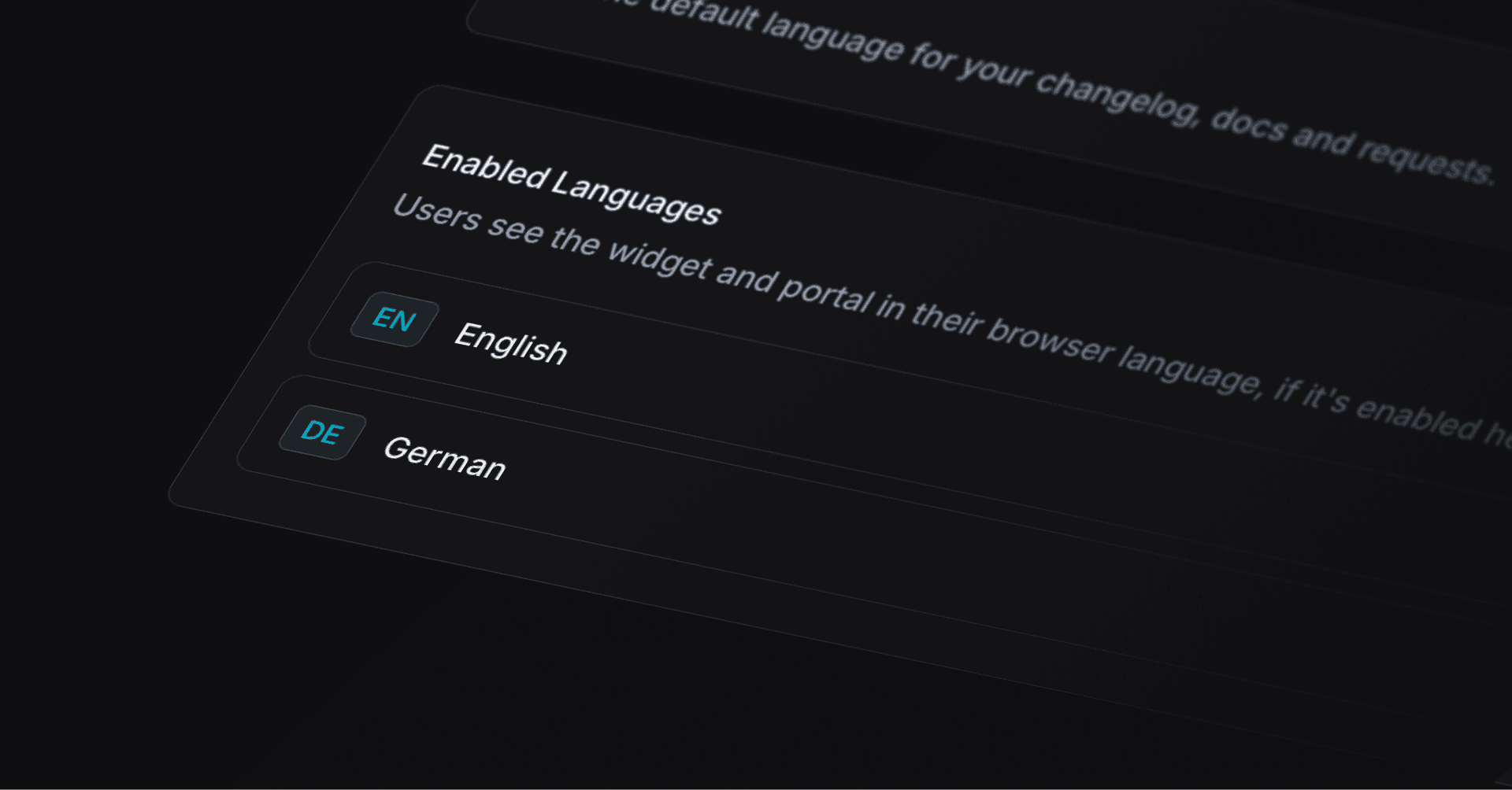 Language settings showing English and German enabled for portal and changelog