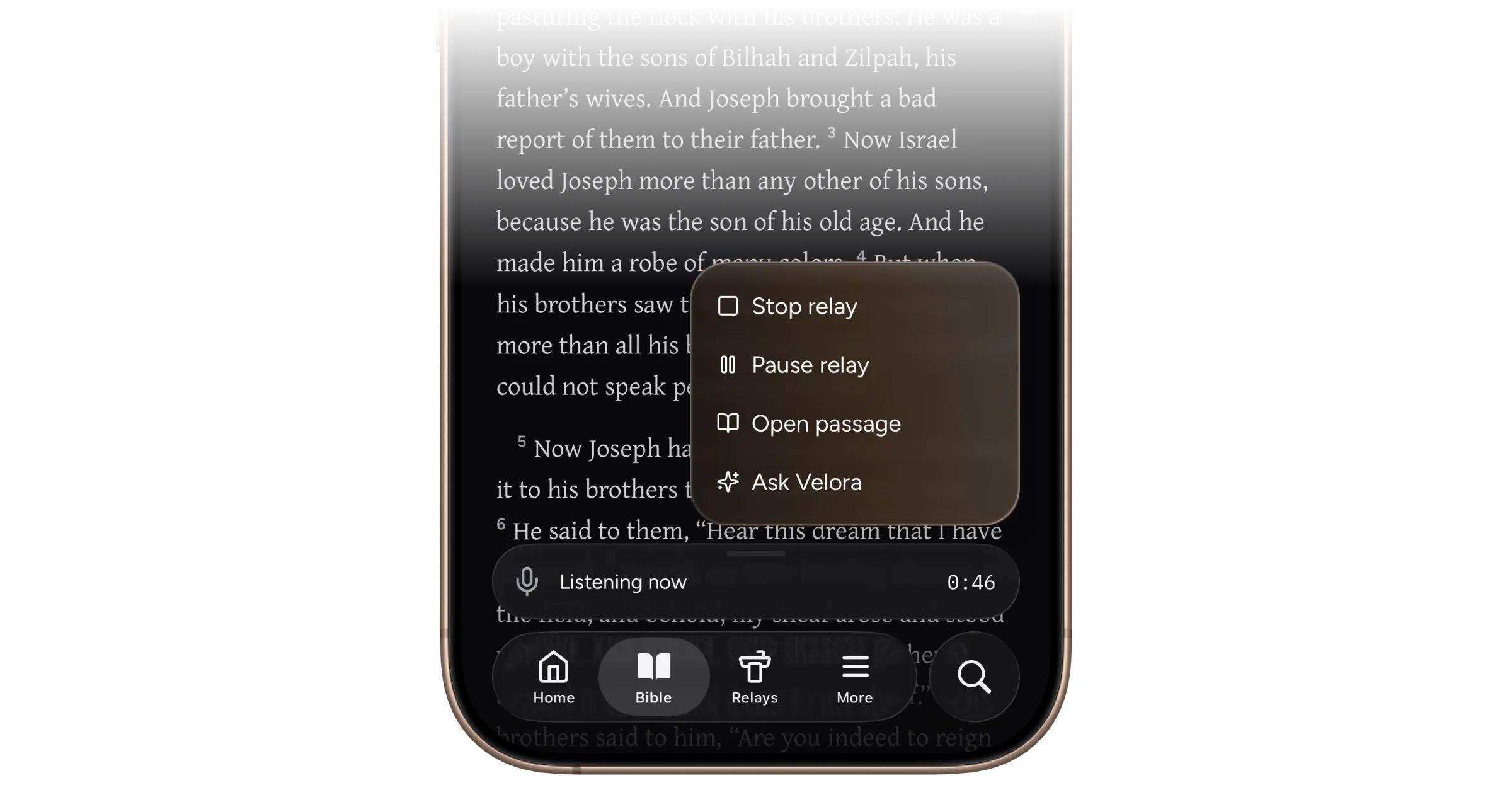Relay menu open over Bible reading screen with Genesis text