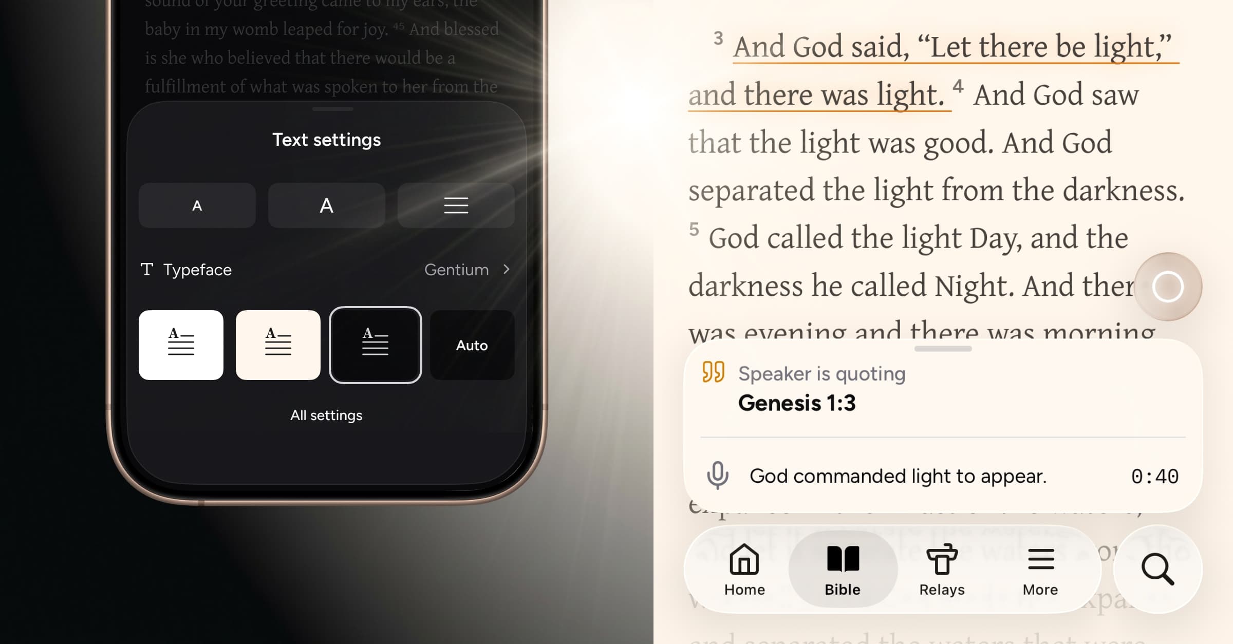 Light mode and Bible text settings for pre-release