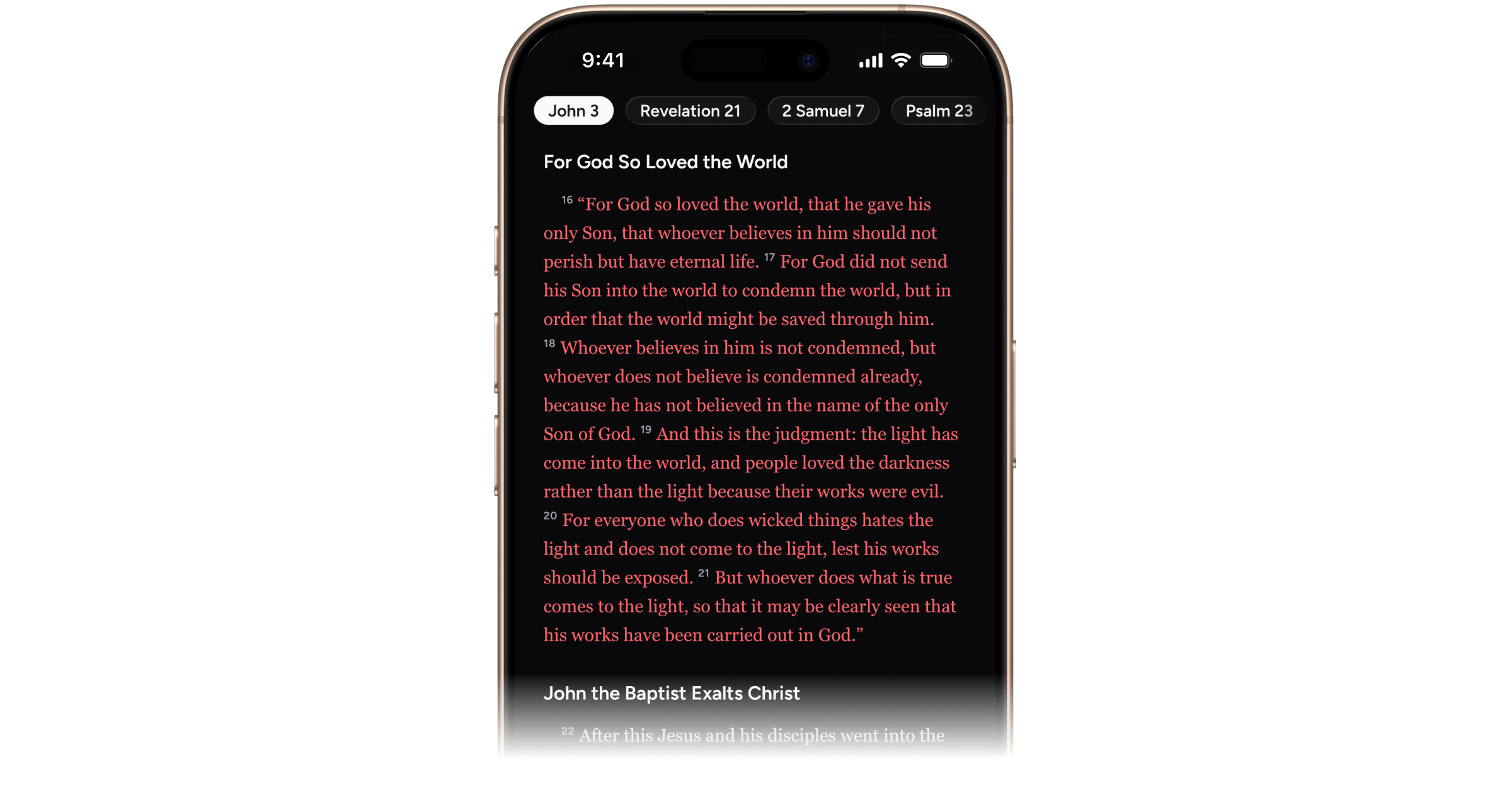 Bible reading screen showing John 3 with verses 16-21 highlighted in red