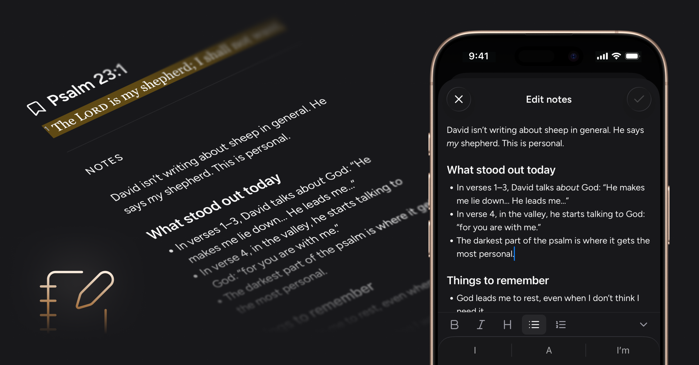 Edit notes screen for Psalm 23:1 with formatted text and toolbar