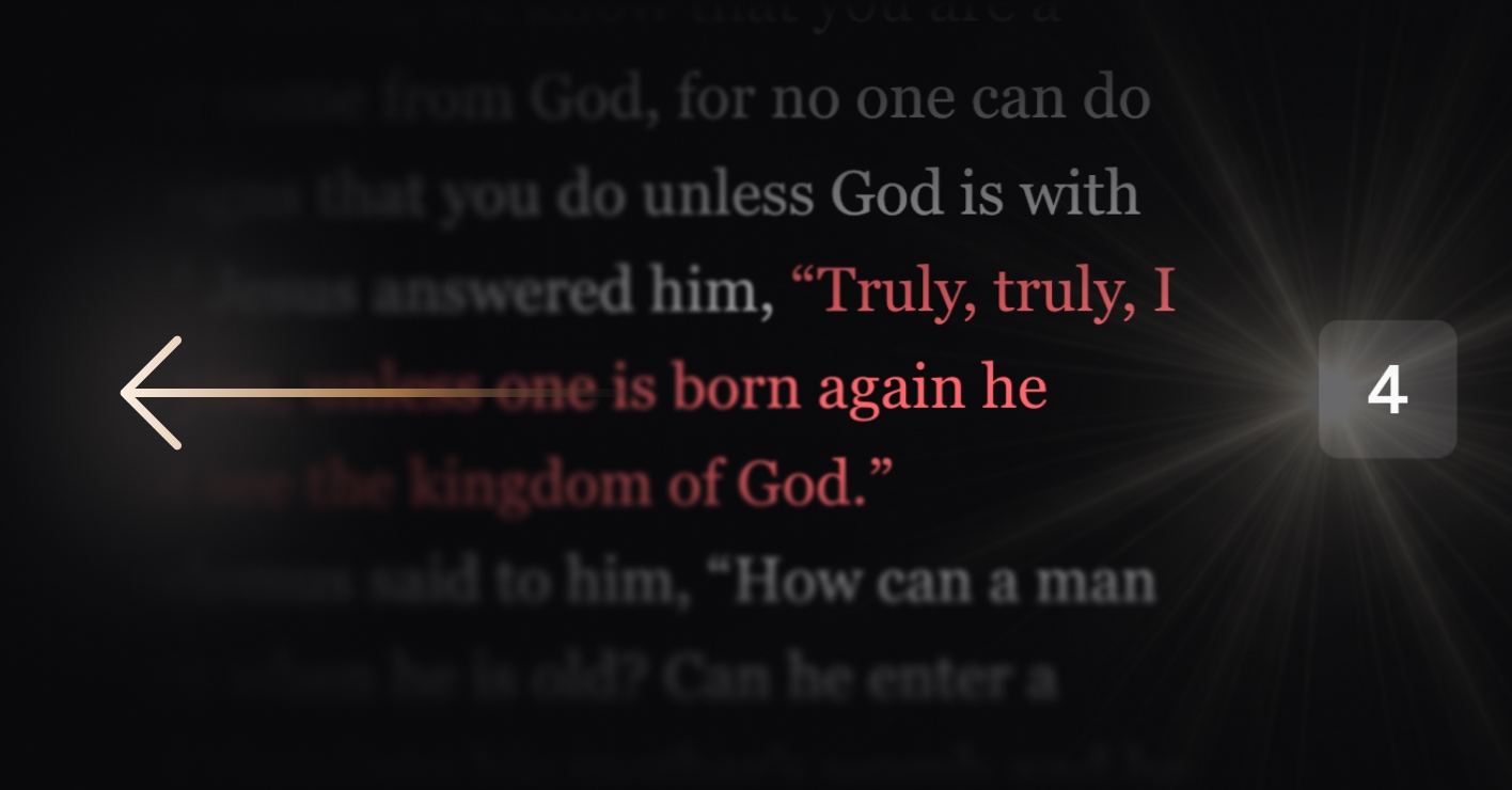 Bible verse John 3 text with a back arrow and verse number 4 overlay