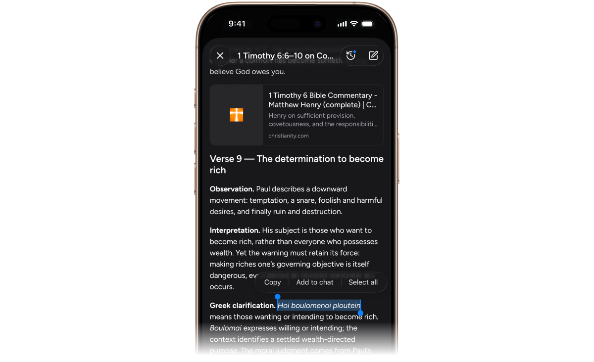Phone screen with a Bible commentary chat, the phrase 'Hoi boulomenoi ploutein' selected and a Copy, Add to chat, Select all