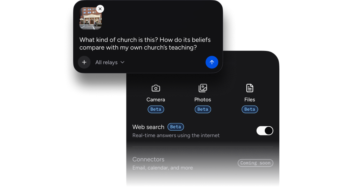 Chat composer with an attached photo and a question, above a menu with Camera, Photos, Files and a Web search toggle