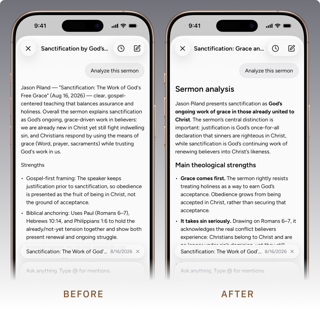 Before and after comparison of a sermon analysis chat screen on iPhone